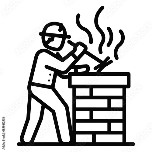 Minimalist bold line art illustration of chimney sweep cleaning a brick chimney with brush and smoke in clean vector style