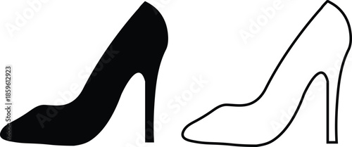 Black High Heel Shoe Silhouette and Outline on White Background