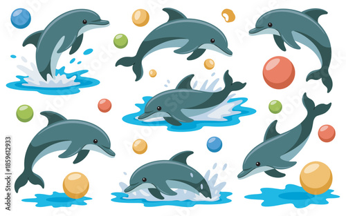 Collection of cartoon dolphins jumping and playing in the water