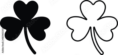 Black Silhouette and Outline of a Shamrock clover three leaf clover