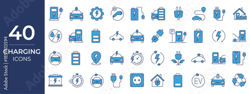 Charging station icons. EV charging line icons for energy concepts. Vector symbols for electric car, EV station and more.