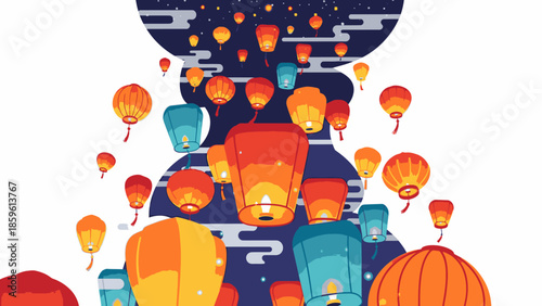 Vibrant illustration of colorful lanterns floating in the night sky during Chinese Lantern Festival, with a mix of red, orange, blue and yellow lampions against a dark background with white