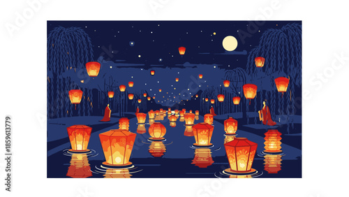 A serene Chinese Lantern Festival Night Scene with numerous glowing red and orange lampions floating on water, set against a dark blue night sky with a full moon and subtle stars, creating