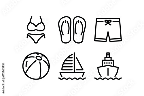 Black line icons of swimwear and beach activities on white background summer icon art bikini flip flops