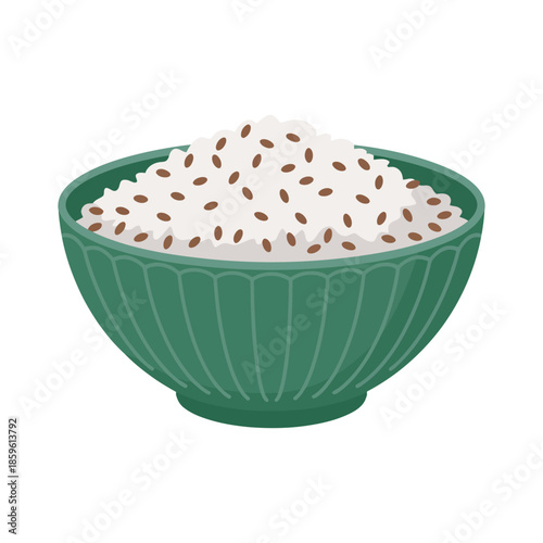 Graphic of wholesome white rice with grains in a green bowl, representing healthy eating and essential nourishment