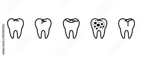 Dental health teeth icons set with healthy and decayed molars