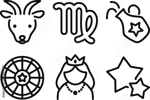 Zodiac signs and symbols in simple line art style on white background astrology horoscope capricorn virgo taurus