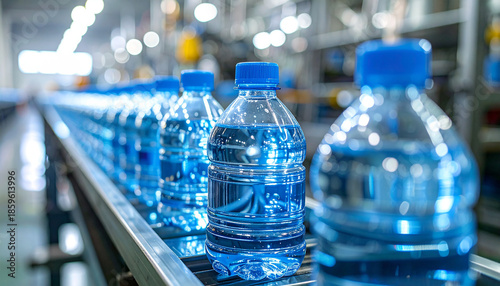 Bottled Water Production Line with Blue Caps on Conveyor Belt manufacturing factory