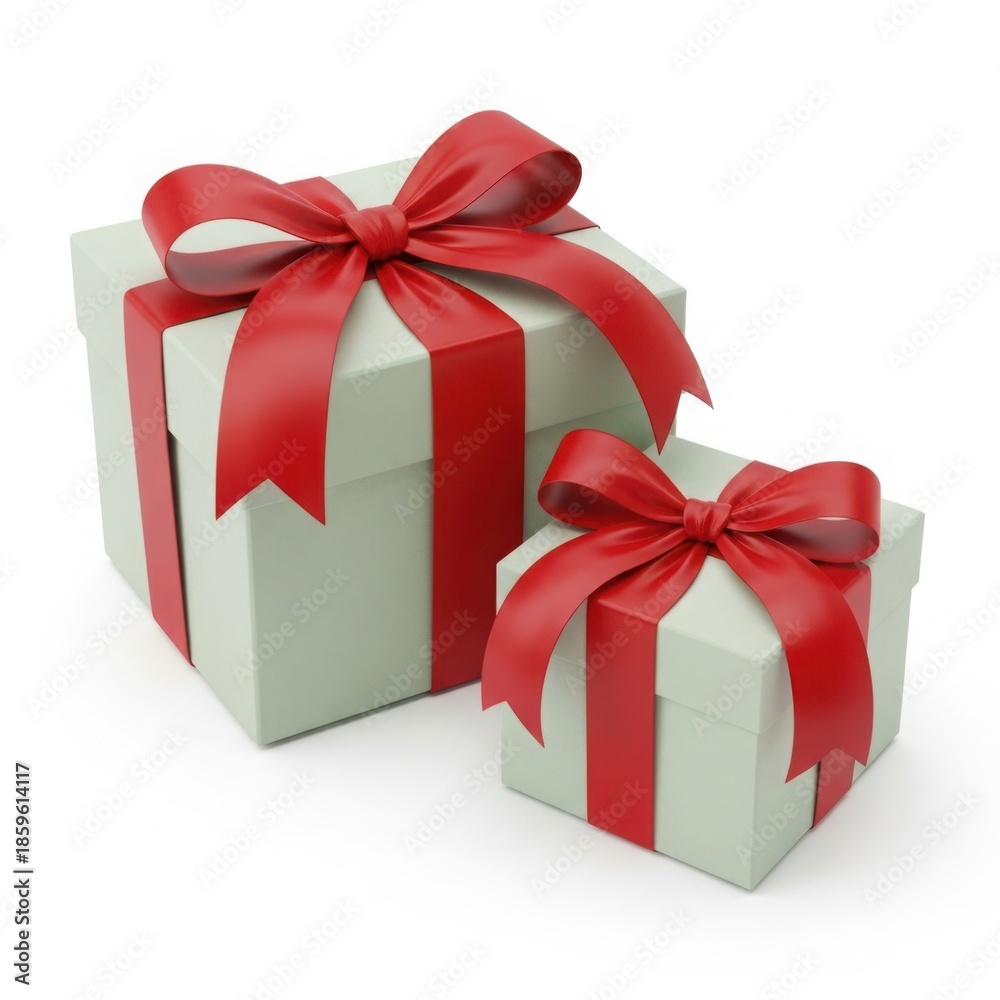 Obraz premium Two gift boxes with red ribbons isolated on white background