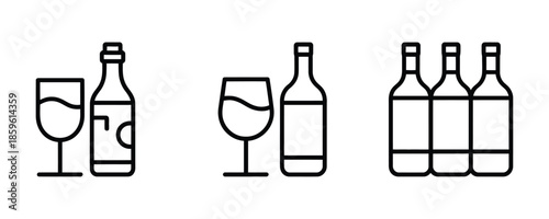 Wine bottles and glasses icons in minimalist line style