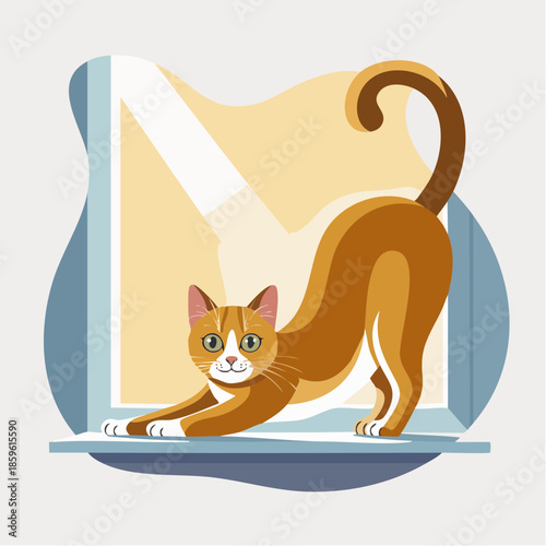 Playful brown cat stretching on windowsill with curious expression