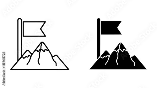 Outline and Solid Mountain Peak Flag Icons Representing Achievement