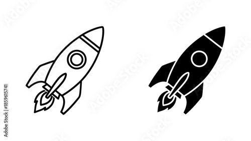 Minimalist Black and White Rocket Icons: Outline and Solid Fill Style