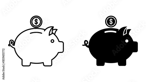Simple Outline and Solid Piggy Bank Icons with Dollar Coin