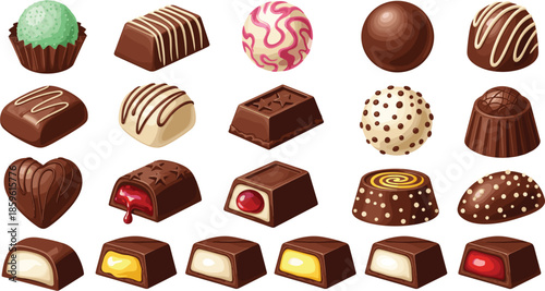 Large set of gourmet chocolate candies and truffles with various fillings including caramel strawberry and cream isolated vector illustration