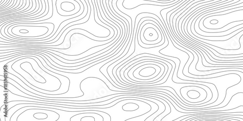 Abstract black and white topographic contour pattern featuring flowing terrain curves and wavy lines that resemble wood grain or fingerprint textures in a clean modern map style design. 