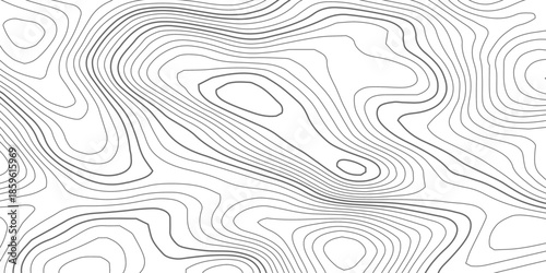 Abstract black and white topographic contour pattern featuring flowing terrain curves and wavy lines that resemble wood grain or fingerprint textures in a clean modern map style design. 