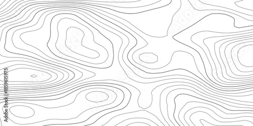 Modern abstract topographic map background with wavy black contour lines inspired by wood grain and fingerprint textures, forming organic flowing terrain curves in minimalist line art. 