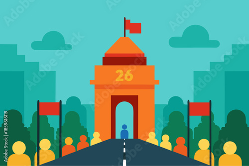 Illustration of a person approaching a gate with a crowd and flags
