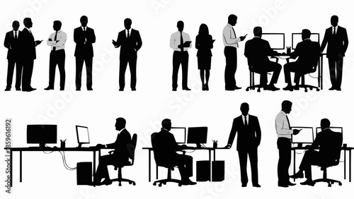 Silhouettes of business people in an office setting.