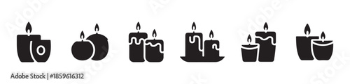Decorative silhouette icon set featuring melting wax pillar candles and rounded floating votive lights