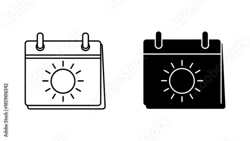 Outline and Solid Calendar Icons Featuring Sun Symbol