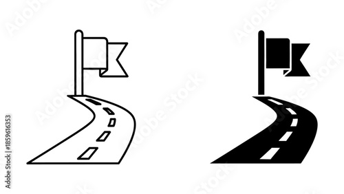 Simple line and silhouette icons depicting a winding road to a flag.