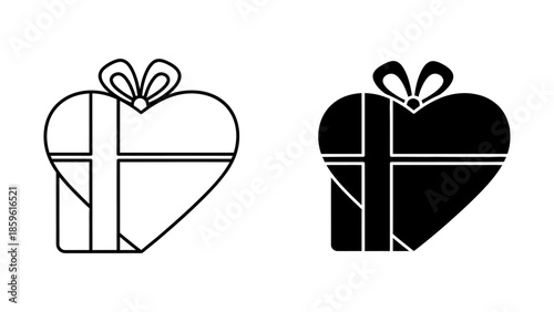 Minimalist Heart Gift Box Icon with Bow Outline and Silhouette