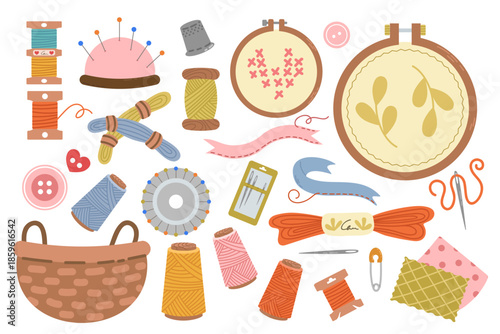 Sewing kit, a collection of hand-drawn flat-style sewing tools and accessories. Embroidery hoops, storage basket, and threads are included. For crafts and hobbies.