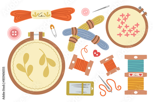 Sewing kit featuring a collection of hand-drawn flat tools and accessories for sewing. The set includes embroidery hoops, thread, and needles. Ideal for crafts and hobbies.