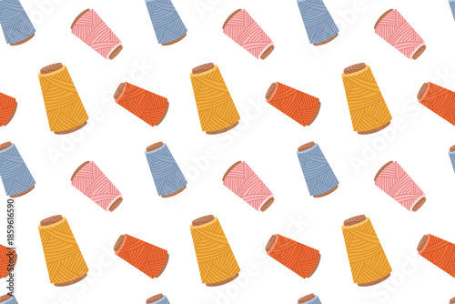 Seamless pattern with a sewing kit, a collection of sewing tools and accessories, hand-drawn in a flat style. Ornament with threads. For crafts and hobbies.