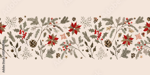 A festive christmas border featuring poinsettias holly pinecones and delicate floral arrangements