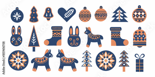 Festive scandinavian christmas ornaments and winter themed decorative elements illustration