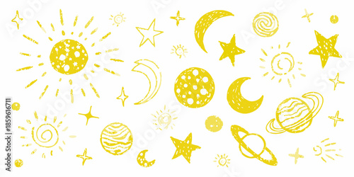 Golden celestial doodles suns moons stars and planets in a playful arrangement