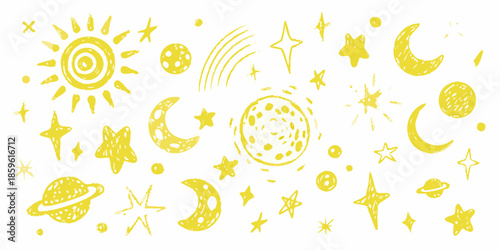 Doodle style illustration of celestial bodies sun moon stars and planets