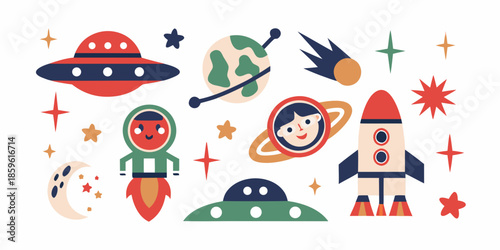 Colorful space exploration scene with planets rockets and cheerful astronauts