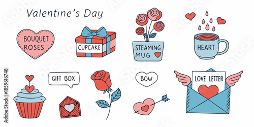 Valentine s day doodles roses gifts hearts and sweet treats illustration