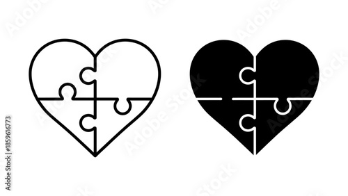 Heart Puzzle Pieces Icon Outline and Silhouette