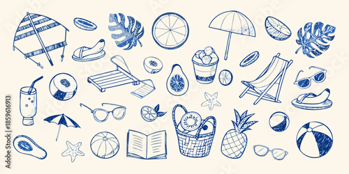 A collection of hand drawn summer elements like beach chairs and tropical fruits