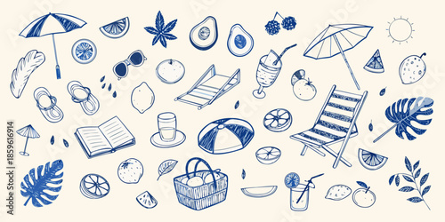 A collection of summer themed doodles fruits beach items and tropical leaves