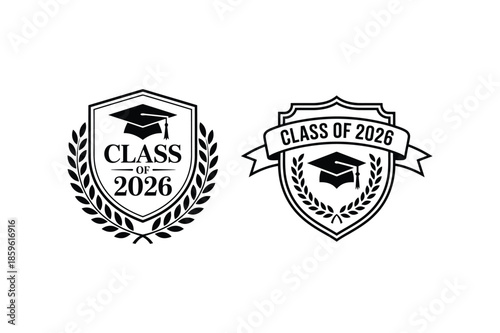Graduation emblems featuring laurel wreaths and mortarboards for the class of 2026