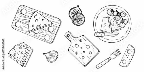 Sketch of cheese selection with fruit bread and cutlery on white background