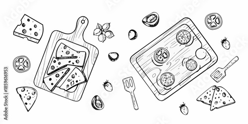 Sketch of cheese wedges boards and various dairy products in black and white
