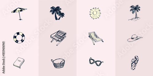 A collection of summer vacation icons beach items and tropical elements