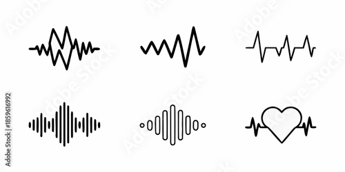 Various line art representations of sound waves and a heart rhythm illustration