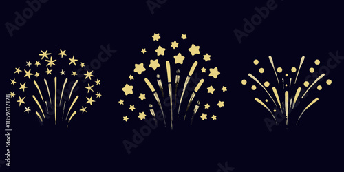 Golden fireworks displays three bursts of light against a dark background