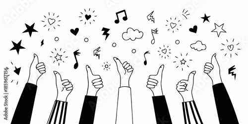 Hands reaching up with thumbs up amid musical notes and celebratory symbols
