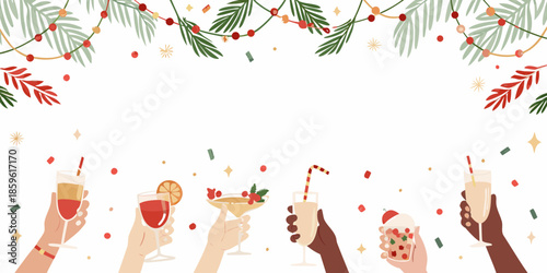 Festive celebration with raised glasses and christmas decorations on white background