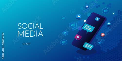 Social media concept with smartphone icons and a vibrant blue backdrop