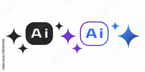 Artificial intelligence logos with sparkling elements in contrasting black and blue